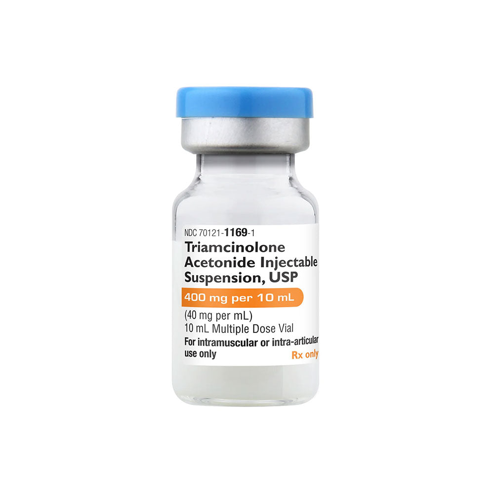 A glass vial with a blue cap is labeled Triamcinolone (Kenalog) Injection Vial, 40mg, 10mL, produced by MedPharma USA. Its a prescription corticosteroid used to manage inflammatory conditions.