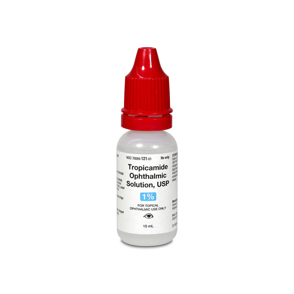A small white plastic bottle with a red cap is labeled Tropicamide 1% Ophthalmic Solution USP, 15mL - (Mydriacyl) - Somerset by MedPharma USA, used for pupil dilation and mydriasis in topical ophthalmic applications.