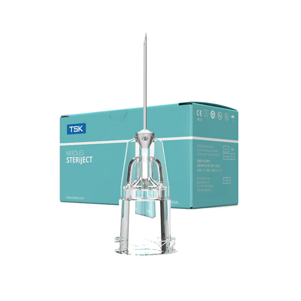 A hypodermic needle stands upright before its teal box labeled MedPharma USA, containing TSK SteriJect Disposable 30g x 1/2 needles. This packaging, with symbols and product details, highlights its suitability for various medical applications.