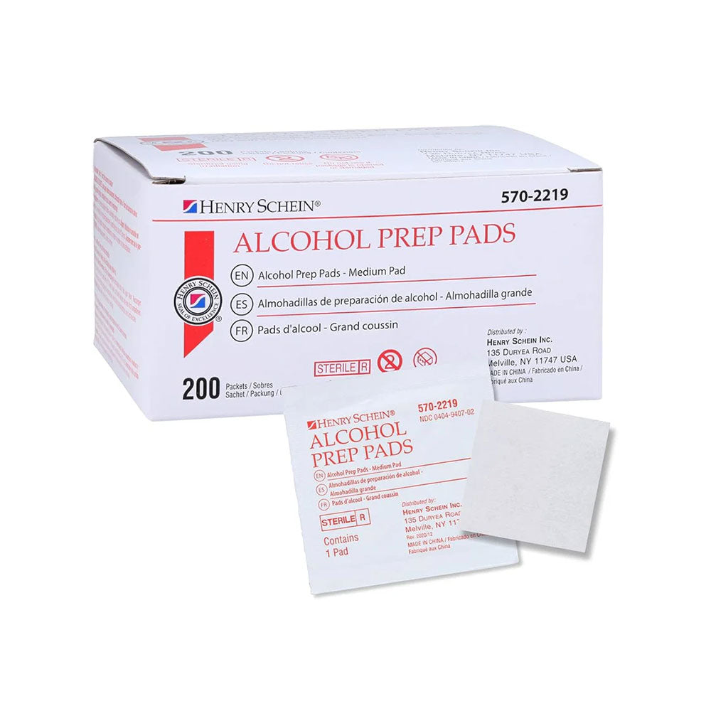 The predominantly white box and packaging of MedPharma USAs Alcohol Prep Pad (Sterile, 200 Pads/Box) feature red and black text with labels in English, Spanish, and French. An individual isopropyl alcohol pad is prominently displayed in front of the box.