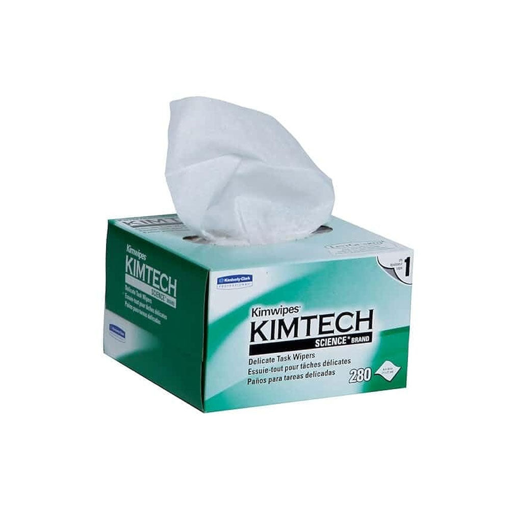 A box of MedPharma USA Wipes (Kim- 4.5x8.4 1-ply, 280/Box) features a white tissue partially pulled out. The green and white packaging is labeled for its 280 wipes, ideal for delicate tasks like laboratory cleaning, widely favored by healthcare professionals.