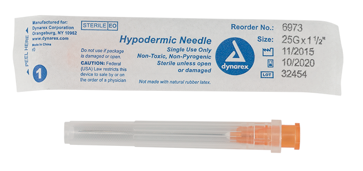 Disposable Needle, 25g x 1 1/2", 100/Box, Dynarex