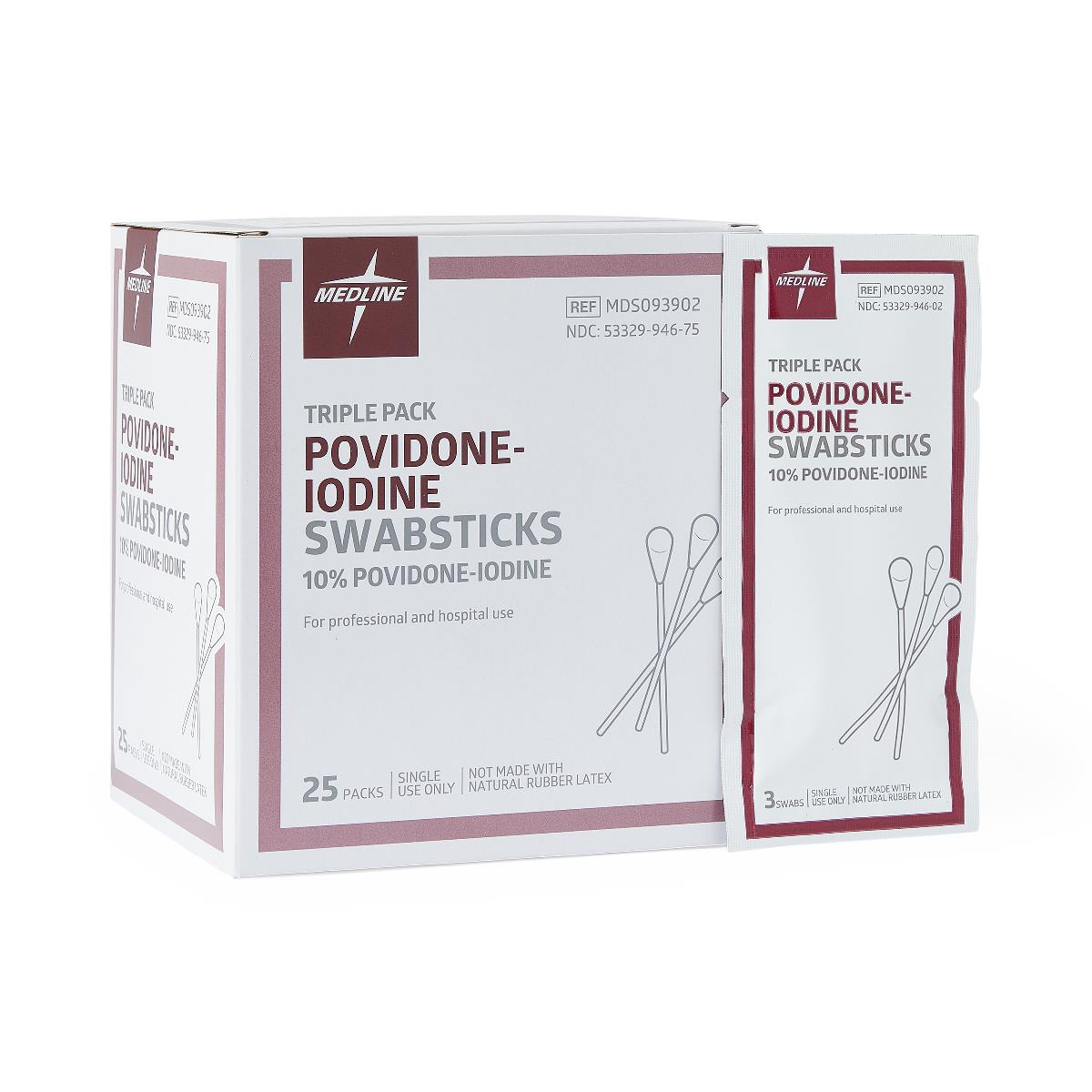 PVP Solution Swabsticks 3/pack 25 packs/box (Medline