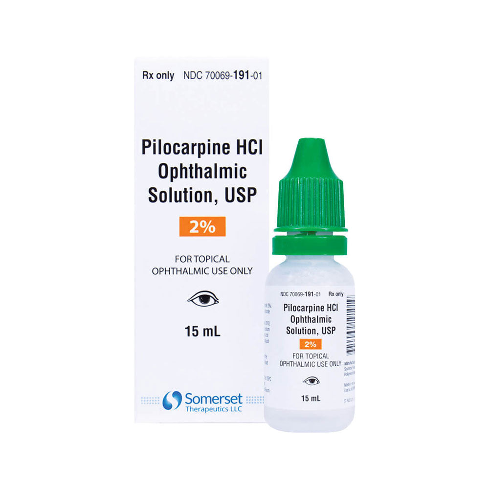 Image of Pilocarpine, 2%, 15mL- Somerset used for glaucoma. Both box and bottle are labeled 2% for topical eye use. The white bottle has a green cap. Branding shows MedPharma USA.