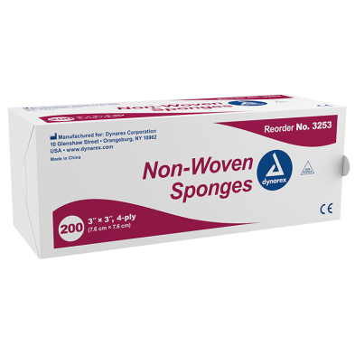 Gauze, Non-woven, 3 x 3, 4-ply, non-sterile, 200/Bag, Dynarex