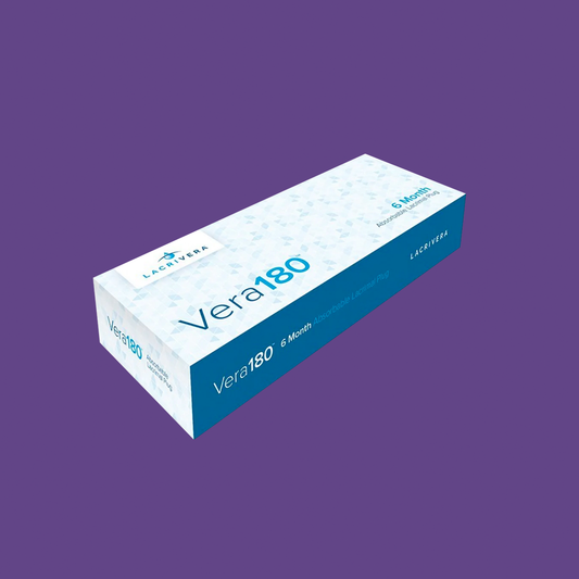 A purple box prominently displays Vera180 and Lacrivera, featuring 6 Motrin and Acetochloride Laxnoll Plus. Designed with a solid purple background, it suggests lacrimal plugs linked to dry eye treatment, capturing the essence of Lacrivera Vera180.