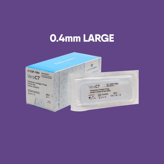 A purple backdrop showcases the Lacrivera-branded box and packet of VeraC7 Collagen Plugs, labeled 0.4mm LARGE. Designed for temporary punctal occlusion, these plugs offer effective dry eye therapy for 7 days.