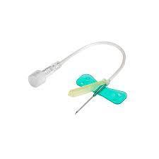 The MedPharma USA Winged Infusion Set features a 25g x 3/4 needle with an attached transparent plastic tube, light blue wings, and a yellow holder for improved design, making it ideal for IV therapy. The angled needle is set against a white backdrop. Comes in boxes of 50 from Exel.