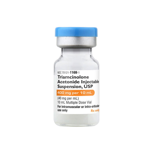 A glass vial with a blue cap is labeled Triamcinolone (Kenalog) Injection Vial, 40mg, 10mL, produced by MedPharma USA. Its a prescription corticosteroid used to manage inflammatory conditions.