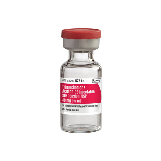 A single-use vial of Triamcinolone (Kenalog) Injection, labeled for prescription use by MedPharma USA, contains 40 mg/mL. Designed for intramuscular or intra-articular use to treat inflammatory conditions.