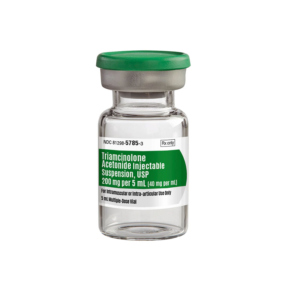 A small glass vial with a green cap labeled Triamcinolone (Kenalog) Injection Vial, 40mg, 5mL from MedPharma USA for intramuscular or intra-articular use offers trusted relief for inflammation and discomfort.