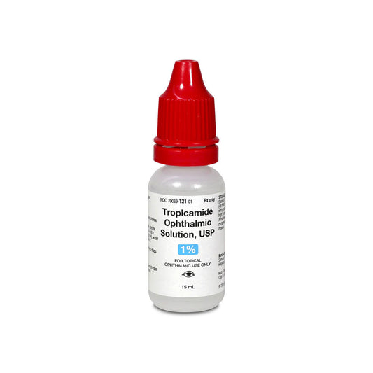 A small white plastic bottle with a red cap is labeled Tropicamide 1% Ophthalmic Solution USP, 15mL - (Mydriacyl) - Somerset by MedPharma USA, used for pupil dilation and mydriasis in topical ophthalmic applications.
