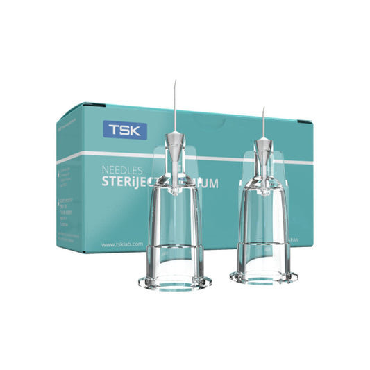 Two hypodermic needles stand upright before a teal box labeled Needles, TSK SteriJect Disposable- 33g x 1/2 (13mm), 100/Box by MedPharma USA. The sleek design and white text emphasize the quality of these clear, sharp-tipped needles, perfect for precise insulin injections.