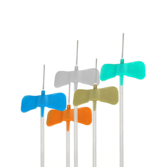 A set of five MedPharma USA Winged InfsSet infusion sets features colorful wings in blue, orange, white, green, and teal. Each 23g needle is attached to a clear tube and they stand upright against a plain white background.