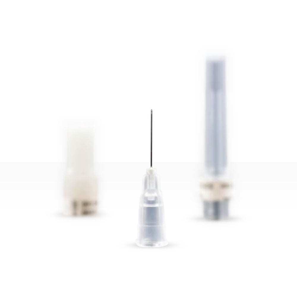 A close-up image features a MedPharma USA 33g x 1/2 disposable needle centered against a pristine white backdrop, with two blurred objects on either side. The stainless steel needle has a clear cap at the base.