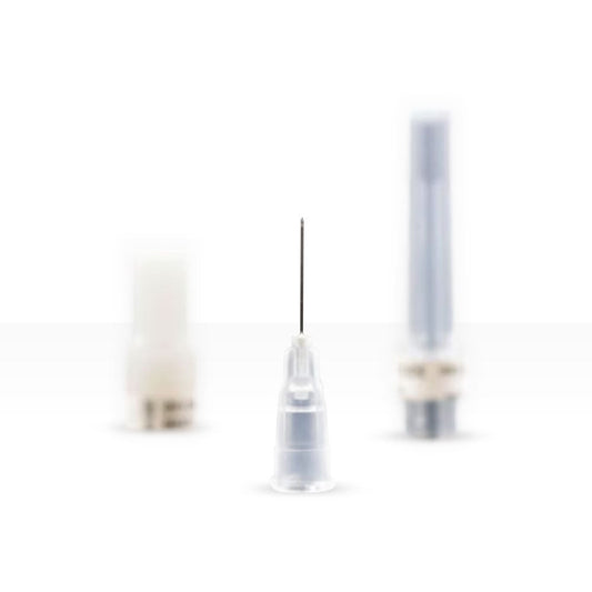 A close-up image features a MedPharma USA 33g x 1/2 disposable needle centered against a pristine white backdrop, with two blurred objects on either side. The stainless steel needle has a clear cap at the base.