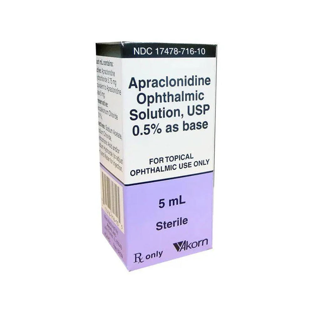 Apraclonidine, 0.5% (Iopidine) by Sandoz and MedPharma USA helps manage glaucoma and reduce intraocular pressure. The sterile 5 mL purple and white topical ophthalmic solution is labeled NDC 17478-716-10 and is Rx only.