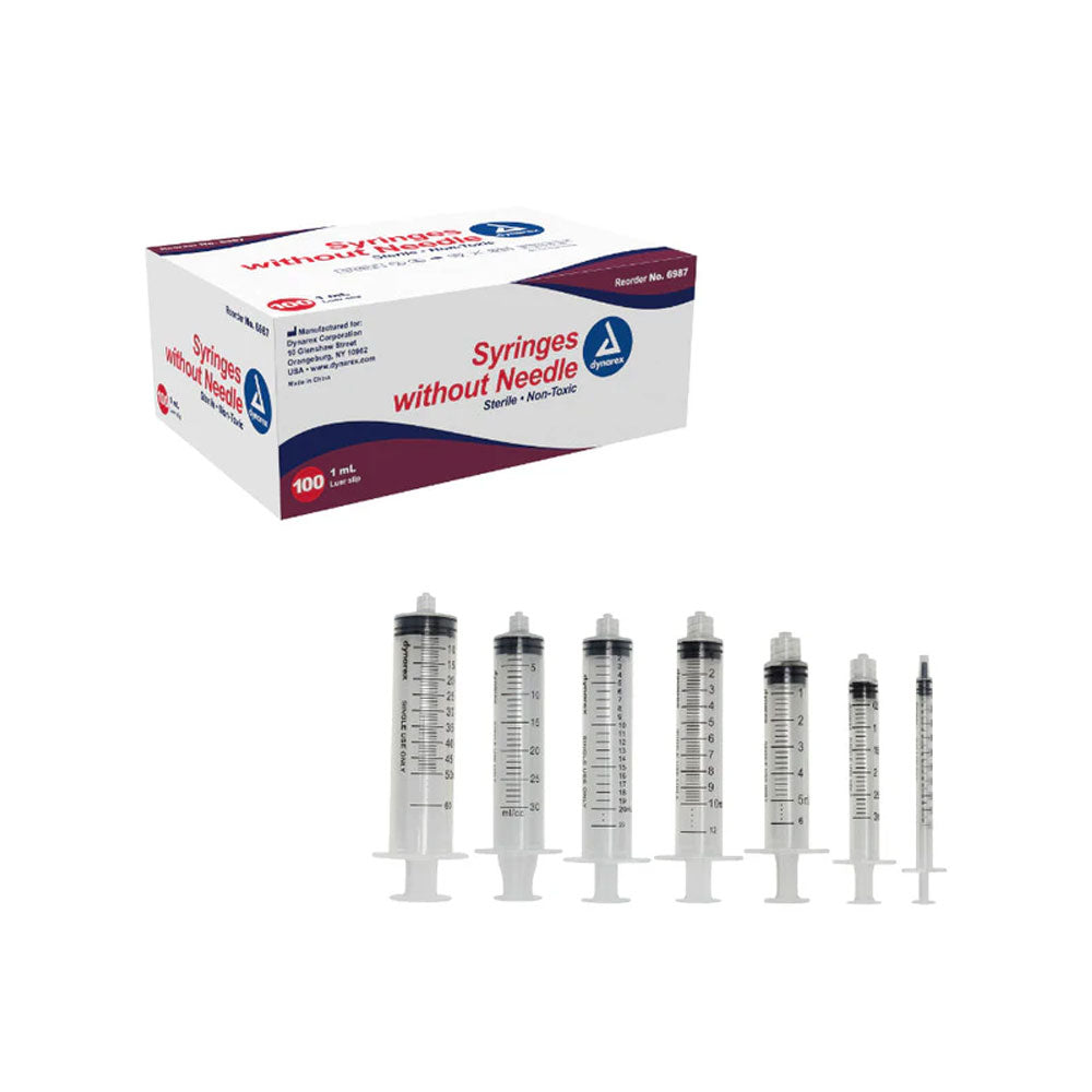 A MedPharma USA box of Syringes, 1cc TB- Luer Slip by Dynarex sits above six clear syringes with black plungers and a red and blue design, showcasing precision and versatility across various sizes.