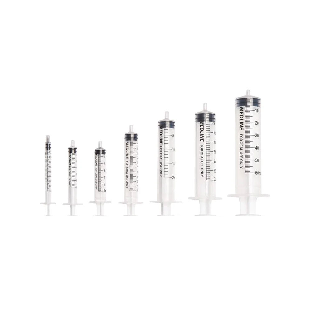 A row of seven MedPharma USA syringes, including a 1cc TB syringe, lines up against a white background. Each features measurement scales and a clear plastic body for precision with the Luer Slip design.
