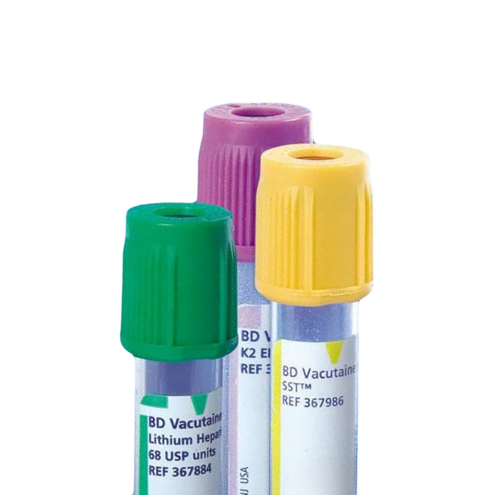 Three MedPharma USA blood collection tubes—green, purple, and yellow—feature labels with product names and reference numbers. These partially filled Vacutainer Safety-Lok devices (23g x 3/4 12, with Luer Adapter) are arranged vertically against a white background.