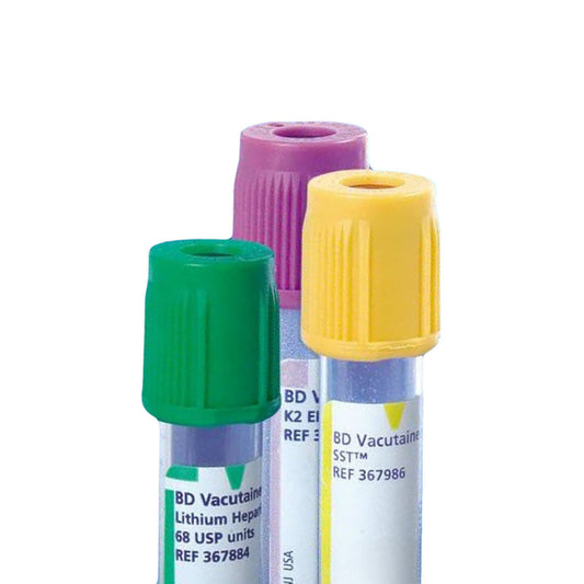 Three MedPharma USA blood collection tubes—green, purple, and yellow—feature labels with product names and reference numbers. These partially filled Vacutainer Safety-Lok devices (23g x 3/4 12, with Luer Adapter) are arranged vertically against a white background.