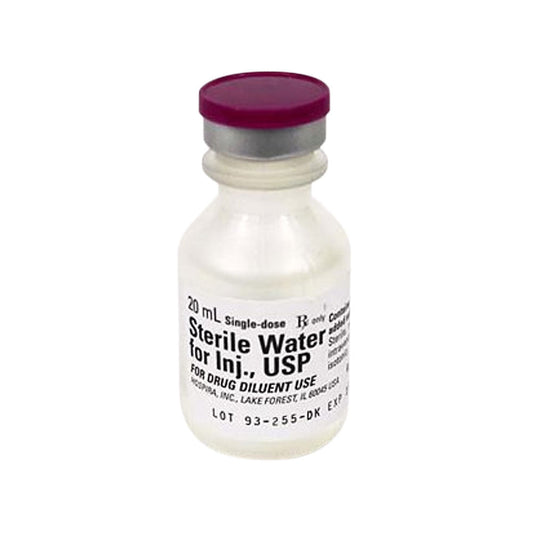A single-dose vial by MedPharma USA, featuring a red cap, contains 10mL Diluent Sterile Water for Injection. The label includes details about the manufacturing location and lot number.