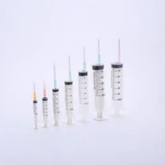 A set of seven MedPharma USA syringes, ranging from smallest to largest, crafted from medical-grade latex-free plastic, with vibrant caps including a Henke-Ject 1cc syringe featuring a Luer Lock tip, stands out vividly against the white background.