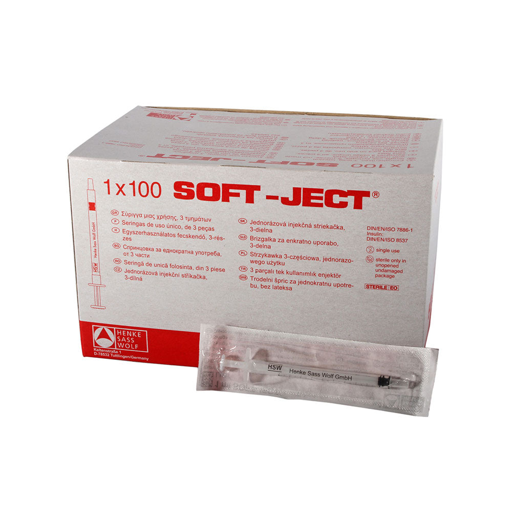 A MedPharma USA box labeled Kendal contains 100 1cc TB syringes with Luer Slip Tips, featuring multilingual text and displaying a single packaged syringe in front.