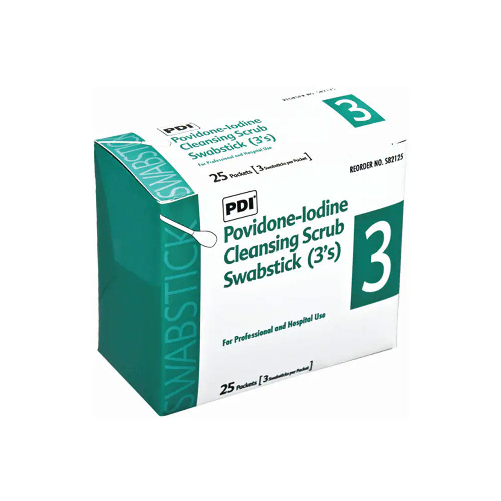 Box of PVP Solution Swabsticks 3/Pack by MedPharma USA, offering antiseptic swabsticks with potent antimicrobial properties. Comes in predominantly white and green packaging labeled for professional and hospital use, with each box containing 25 packs.