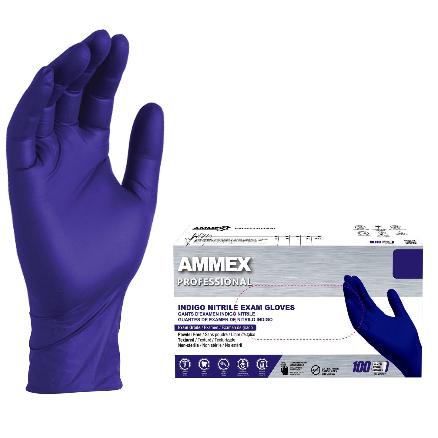 Exam Gloves, Nitrile, Powder-Free, Large, 100 Box, Indigo