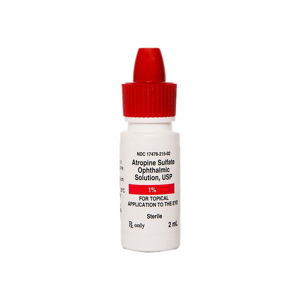 A 2mL small white bottle from Amneal, branded as MedPharma USA, has a red cap and is labeled Atropine 1% for topical eye use.