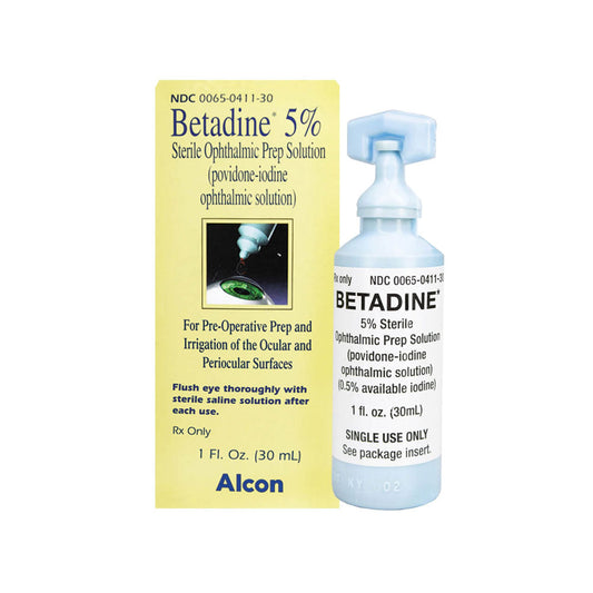Image of a MedPharma USA Betadine Solution, 5%, Alcon, and its box featuring an eyedropper. This antiseptic solution is used for pre-operative ocular prep and irrigation. The light blue bottle holds 1 fl. oz. (30 mL) Povidone-Iodine solution for single use.