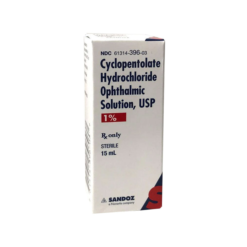 15 mL box of Cyclopentolate Hydrochloride Ophthalmic Solution, USP 1% (Cyclogyl) by Sandoz, a Novartis company, branded as MedPharma USA. This prescription-only sterile solution induces mydriasis and cycloplegia.