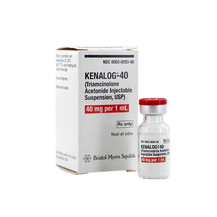 A vial next to a white and red box labeled Kenalog Injection Vial, 40mg, 1mL by MedPharma USA contains Triamcinolone Acetonide Injectable Suspension, USP, offering precise dosing for effective corticosteroid treatment.