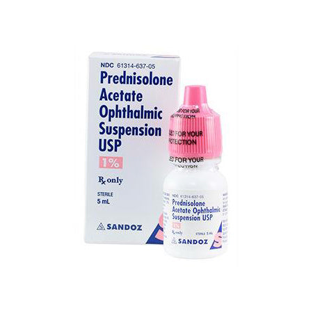 An image shows a 5mL small white bottle with a pink cap labeled Prednisolone Acetate 1%, MedPharma USA. As an anti-inflammatory for allergic and inflammatory conditions, its next to its box marked Sandoz.
