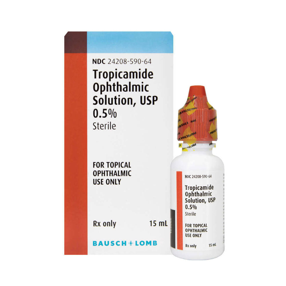A box and 15 mL bottle of Tropicamide, 0.5% (Mydriacyl) by MedPharma USA features an orange cap and is intended for prescription use as a sterile mydriatic solution for topical ophthalmic application to achieve pupil dilation.