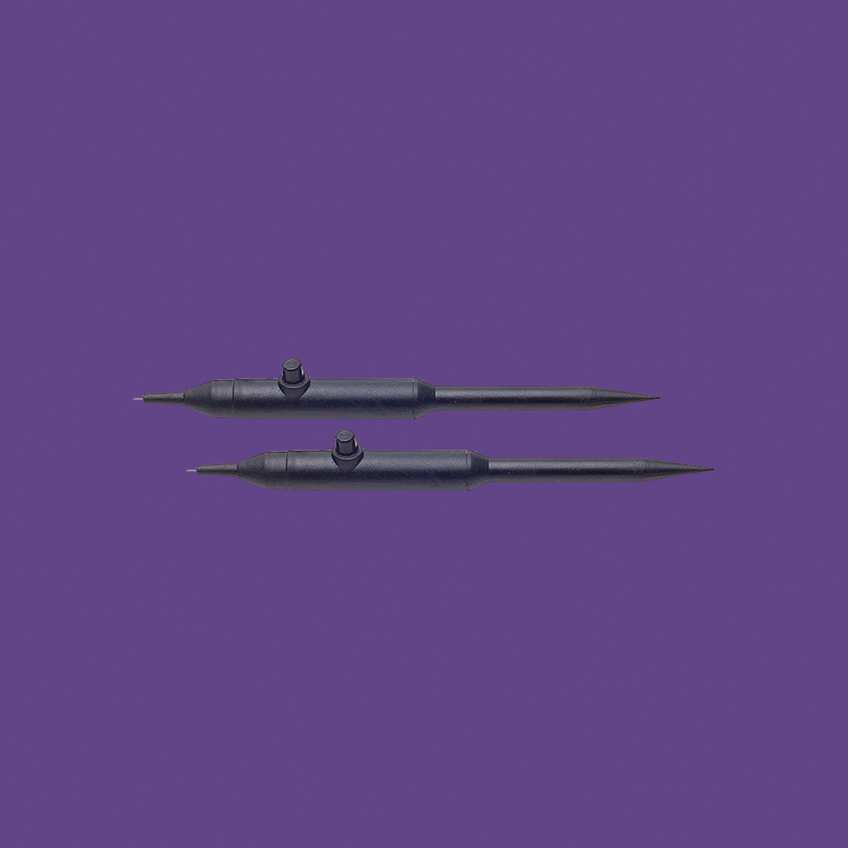 Two dark, elongated tools with pointed ends and adjustable knobs, resembling styluses or compass parts, are parallel on a purple background. Their sleek design evokes the precision of VeraPlug FlexFit Punctal Occluders by Lacrivera, crafted for patient comfort.