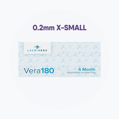 The Vera180 Synthetic Absorbable Lacrimal 180 Day Plugs by Lacrivera, sized 0.2mm X-Small, have a blue geometric design on a white background and provide an effective dry eye treatment solution for six months.