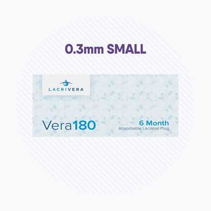 The Lacrivera Vera180 packaging showcases a geometric design with text 0.3mm SMALL and 6 Month Absorbable Lacrimal Plug, promoting its innovative synthetic absorbable plugs, ideal for dry eye treatment.
