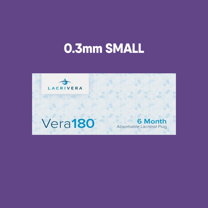A box of Lacrivera Vera180 Synthetic Absorbable Lacrimal 180 Day Plugs (10 Pairs) sits on a purple background, featuring text 0.3mm SMALL and 6 Month Absorbable Lacrimal Plug for effective dry eye treatment.