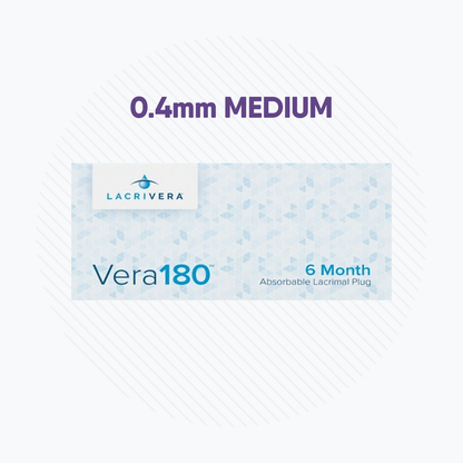 Packaging for Lacrivera Vera180 Synthetic Absorbable Lacrimal 180 Day Plugs (10 Pairs), sized 0.4mm Medium and suitable for 6 months of dry eye treatment, with a light blue and white geometric design.
