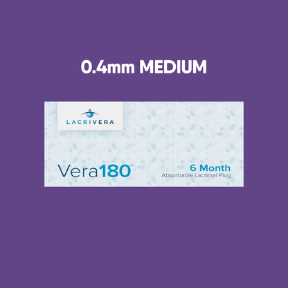 An image shows a Lacrivera Vera180 box on a purple background. The box is labeled 0.4mm MEDIUM and specifies its use as an absorbable lacrimal plug for dry eye treatment, lasting up to 6 months, with LACRIVERA clearly displayed in the top left corner.
