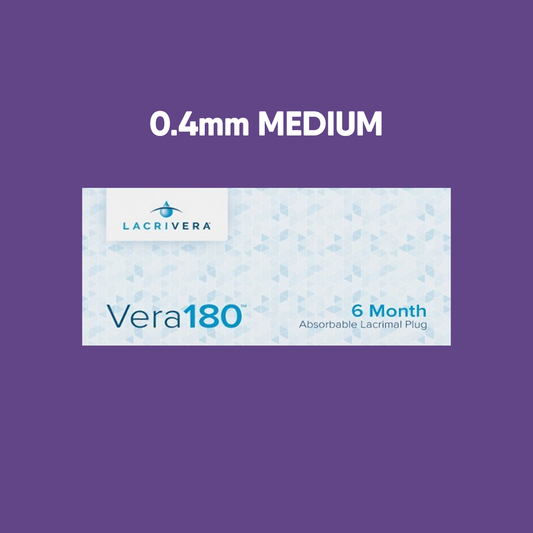 An image shows a Lacrivera Vera180 box on a purple background. The box is labeled 0.4mm MEDIUM and specifies its use as an absorbable lacrimal plug for dry eye treatment, lasting up to 6 months, with LACRIVERA clearly displayed in the top left corner.