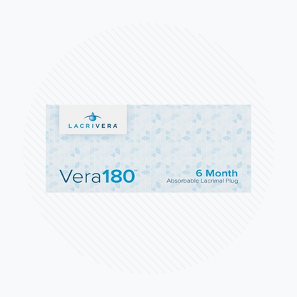 The Lacrivera Vera180 Synthetic Absorbable Lacrimal 180 Day Plugs (10 Pairs) come in packaging with a light blue triangular design and the Lacrivera logo, highlighting its effectiveness in dry eye treatment with innovative, absorbable plugs.