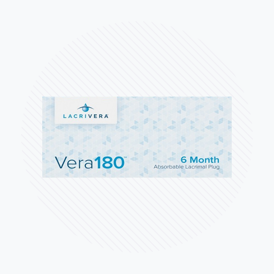 The Lacrivera Vera180 Synthetic Absorbable Lacrimal 180 Day Plugs (10 Pairs) come in packaging with a light blue triangular design and the Lacrivera logo, highlighting its effectiveness in dry eye treatment with innovative, absorbable plugs.