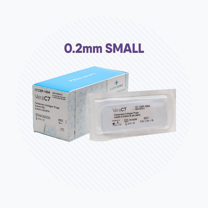 Box and sachet of Lacrivera VeraC7 Collagen Plugs 7 day with 0.2mm Small text for temporary punctal occlusion. The box features branding and product details, while the sachet holds one plug. Background shows light lines, reflecting an elegant dry eye therapy theme.
