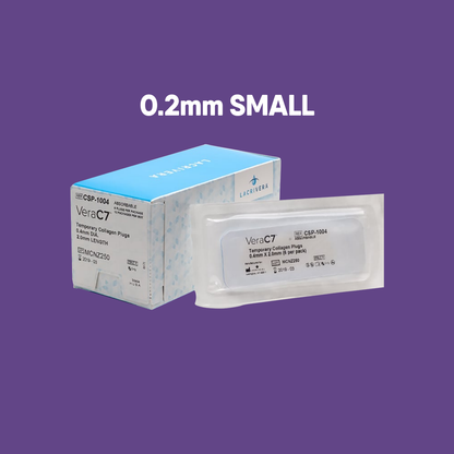 Image of Lacrivera VeraC7 Collagen Plugs 7 day box and sample packet on a purple background. White text reads 0.2mm SMALL. The packaging, branded Lacrivera, emphasizes its use in dry eye therapy by temporarily occluding punctal passages with collagen plugs.