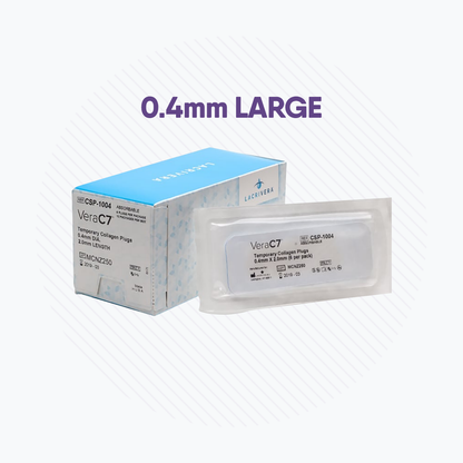 The VeraC7 packaging displays a box and sachet marked 0.4mm LARGE, set against diagonal light purple lines, highlighting the Lacrivera brand. Ideal for temporary punctal occlusion, these collagen plugs provide effective dry eye therapy.