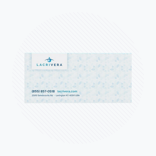 Business card featuring the Lacrivera logo, perfect for dry eye therapy professionals. Includes contact info: phone (855) 857-0518, website lacrivera.com, and address 2500 Sandersville Rd, Lexington, KY 40511. Background adorned with a blue geometric pattern.