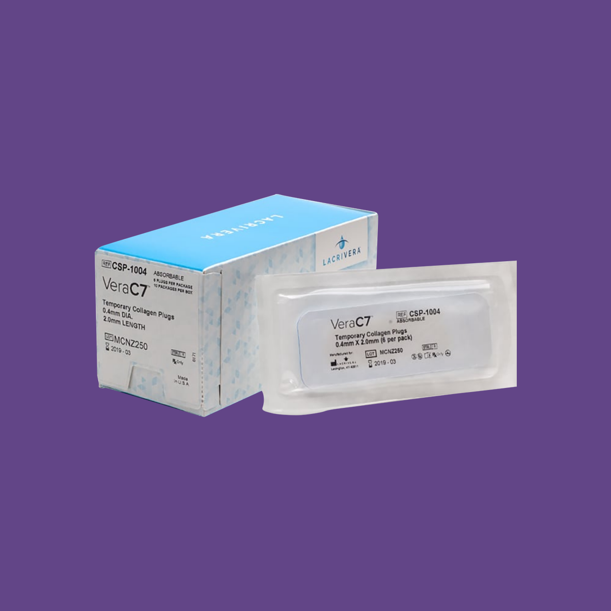 A blue and white box containing a Lacrivera VeraC7 Collagen Plugs 7 day (60 Plugs 10 x 6) and a sealed sachet on a purple background, both featuring text and logos. Ideal for temporary punctal occlusion or dry eye therapy, offering easy relief.